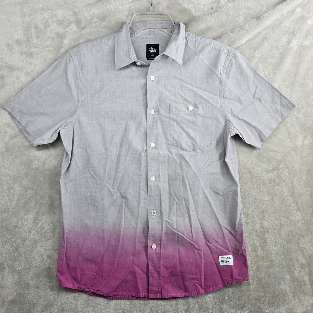 STUSSY Mens Short Sleeve Button Up‎ Shirt Gray Pink Dip Dye Size Small  Cotton